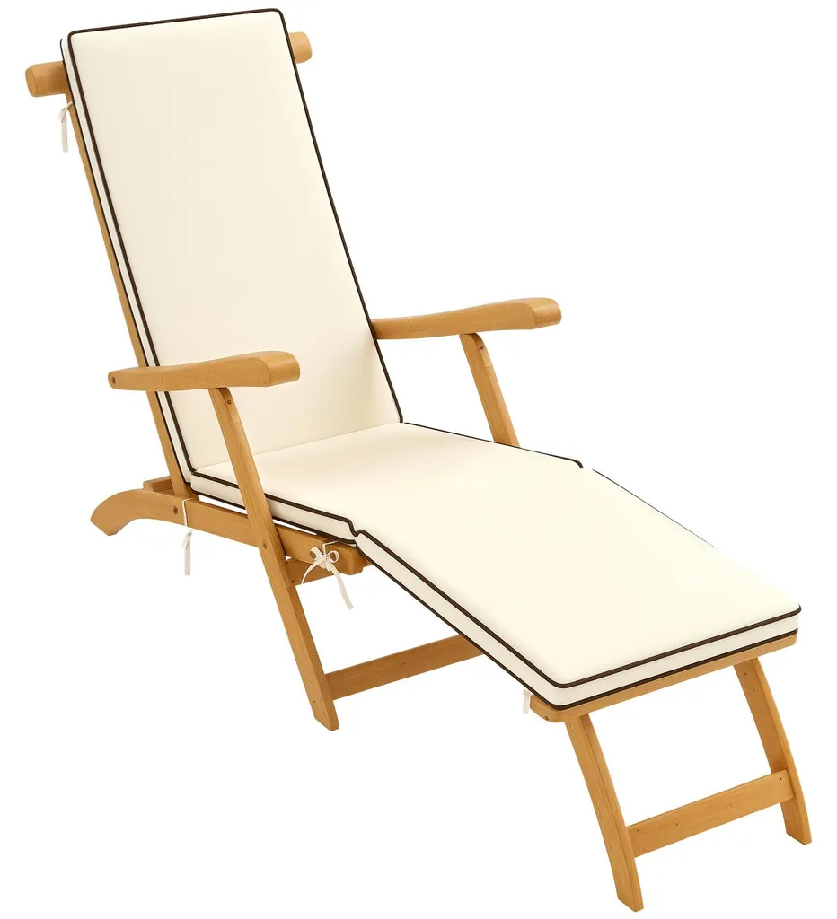 Chaise longue bois d'acacia 160 kg avec coussin blanc et repose-pieds
