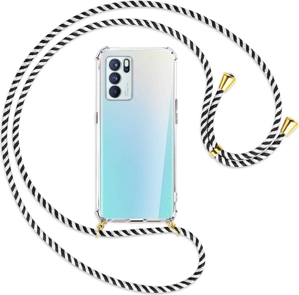 Handykette Backcover-Schutzhülle mit Band (Metall goldfarben) für Oppo Reno6 Pro Plus 5G (PENM00) - schwarz/weiß gestreift