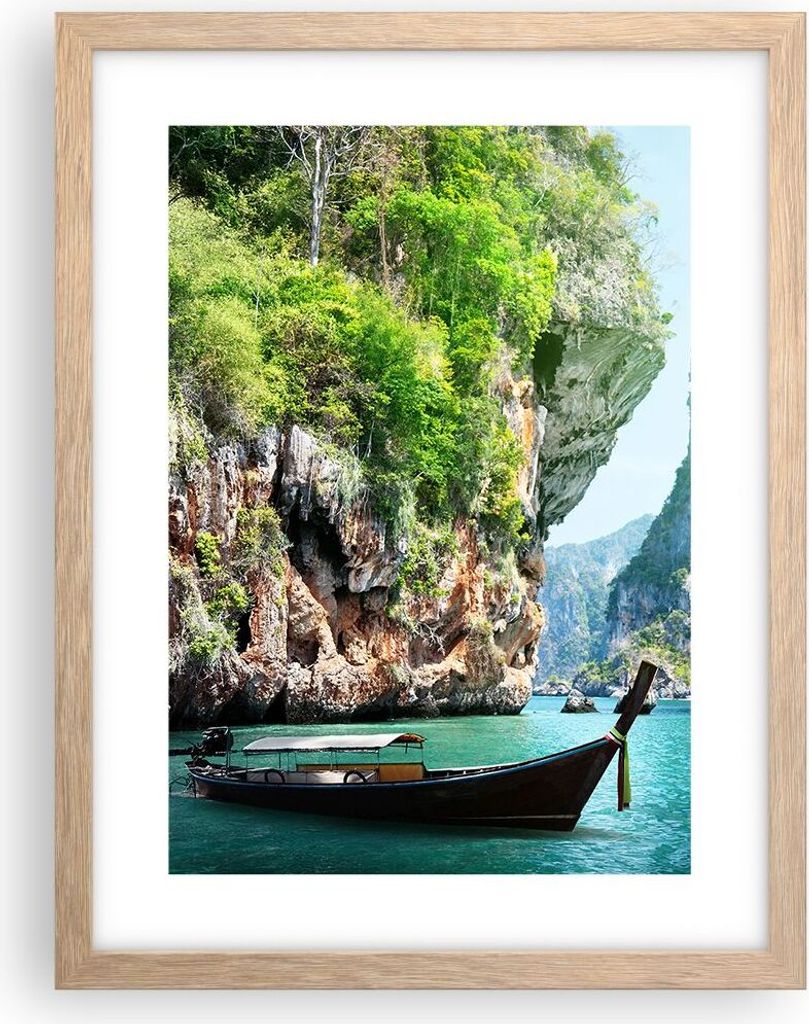 Gerahmtes Poster - Rahmen in heller Eiche - Boot Klippen Natur Felsen - 30x40 cm - Wand Bild - Wanddeko - Wandbilder - Wandposter - Bilderrahmen - ...