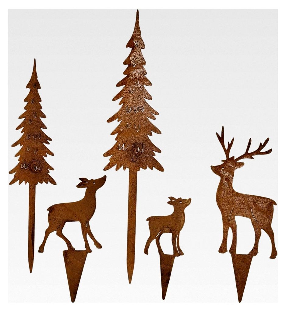Hirschfamilie 5-teilig - Rostdeko für Advents- und Herbstdekoration - Gartenstecker mit Tannenbäumen - DIY Weihnachtsdeko für Kränze - Metallst...