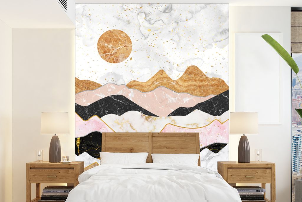 MuchoWow Fototapete für Wohnzimmer oder Schlafzimmer Wandtapete Vinyl Motivtapete Pastell - Marmor - Gold - 205x280 cm - Wandbild