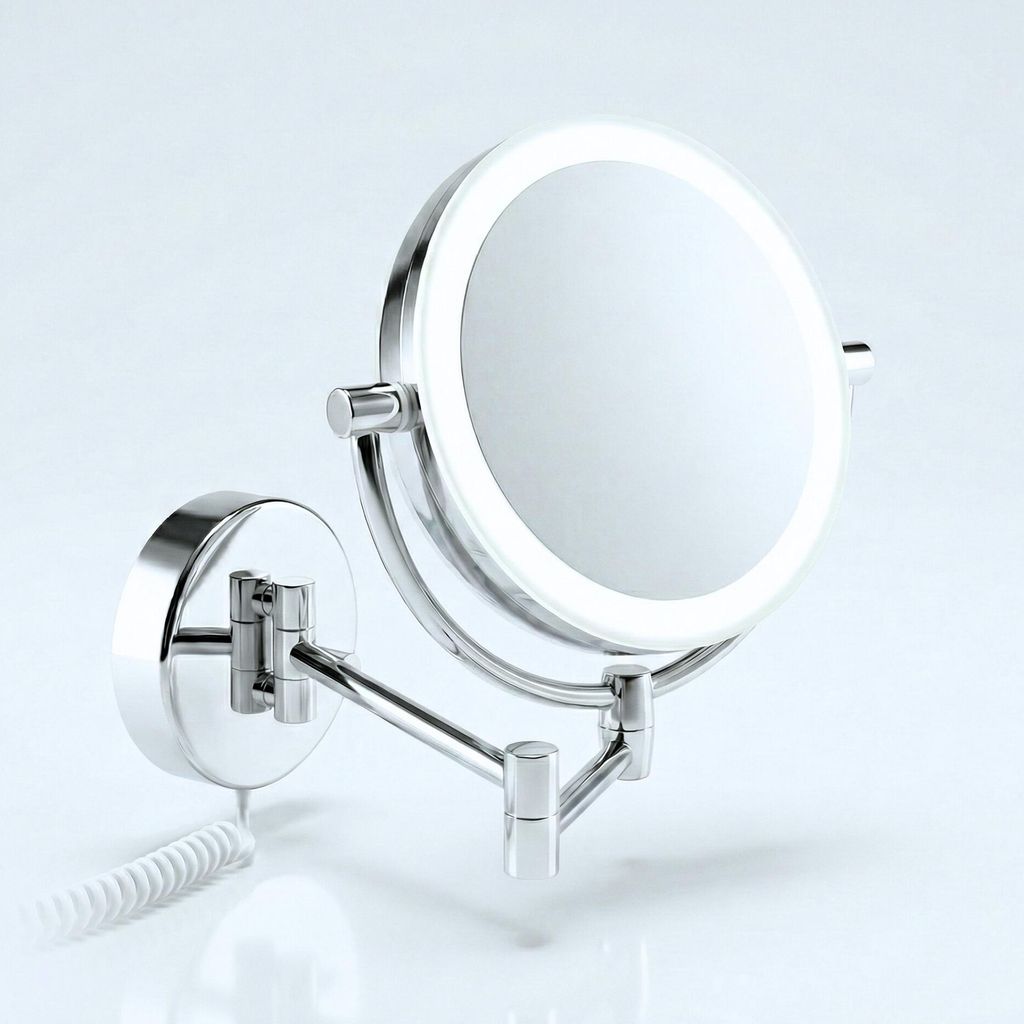 A close-up, studio shot of a silver LED cosmetic mirror mounted on a wall.
