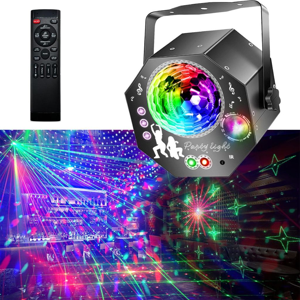 4-in-1 Discokugel,DJ Discolicht Partylicht,64 Muster, mit Fernbedienung, RGB UV Stroboskop für Party Bar Klub Halloween Weihnachten Geburtstag