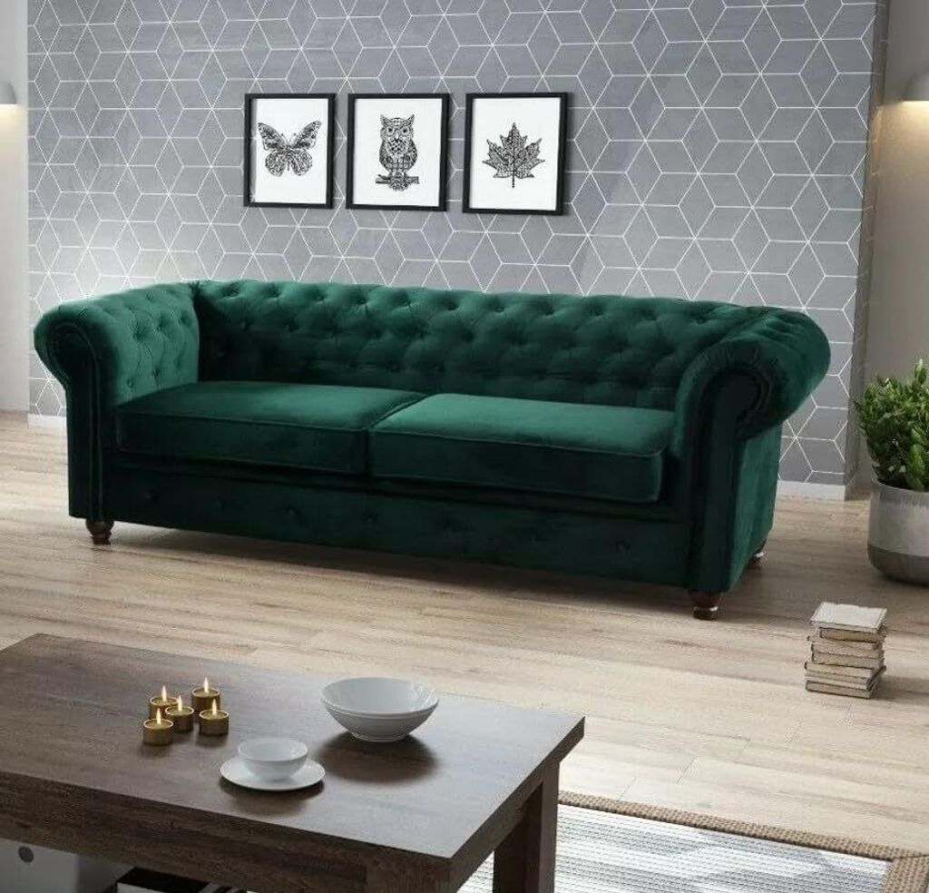 Easy4You Chesterfield Dunkelgrüner Plüsch Velvet 3-Sitzer Produktbild 
