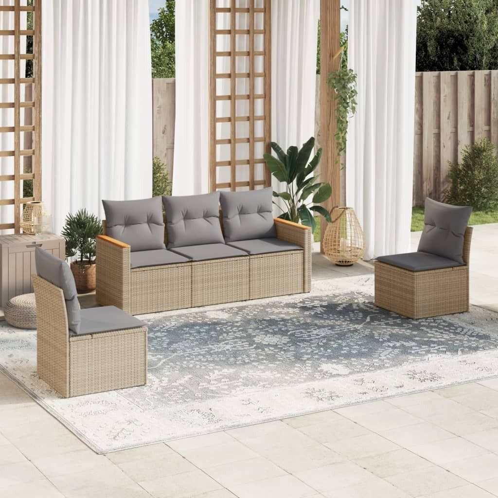 Design 5-tlg. Garten-Sofagarnitur mit Kissen Beige Poly Rattan, Gartenmöbel-Sets 2024 Neu