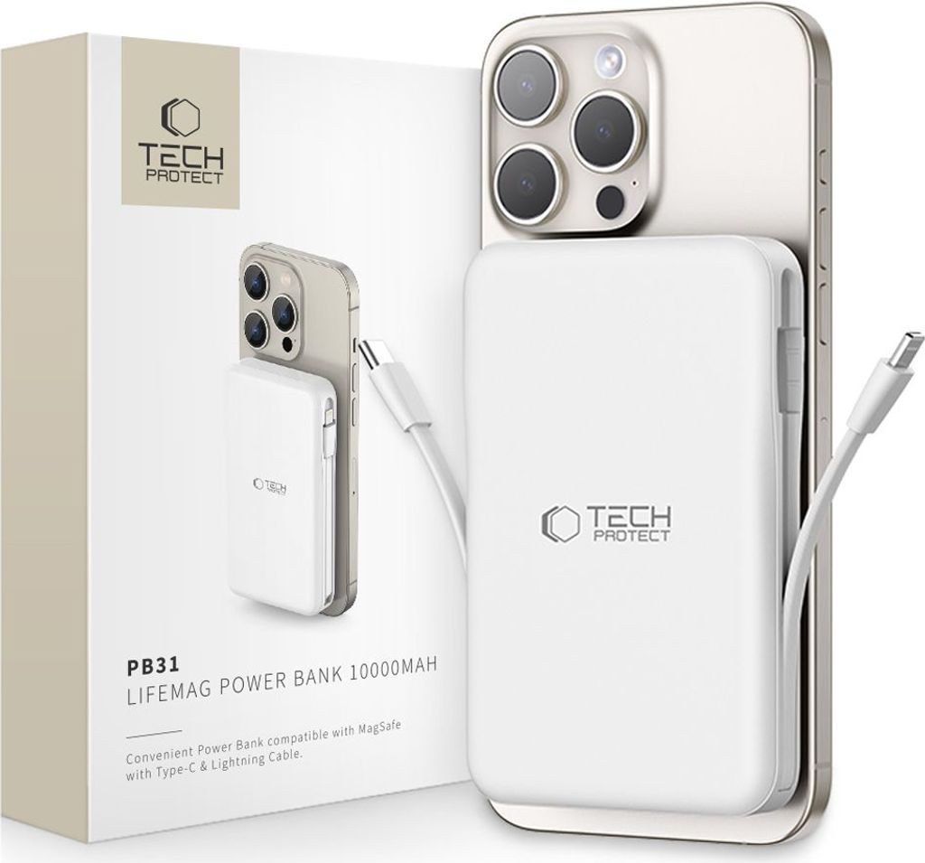 A white power bank is attached to the back of a silver smartphone, with a white box in the background showing a smaller image of the power bank and phone.