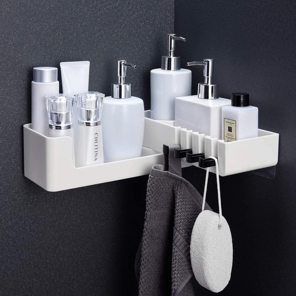 Duschablage Ohne Bohren ABS Duschregal für Küche Badezimmer Eckregal mit 4 Haken 