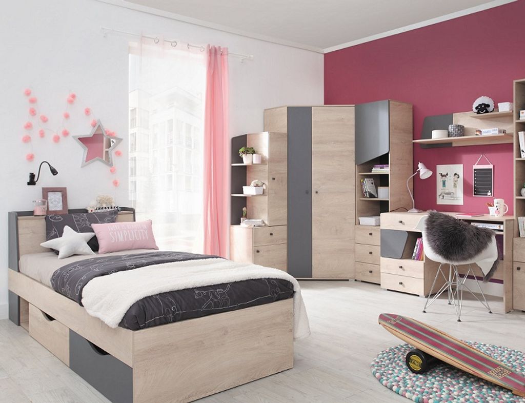 Jugendzimmer Kinderzimmer komplett Davis Set B Eckschrank Schreibtisch Bett 90x200 Regale