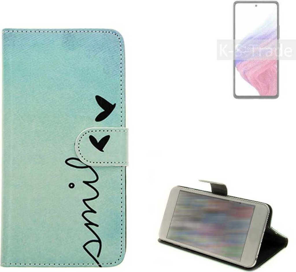 K-S-Trade Schutz Hülle Handy Hülle kompatibel mit Samsung Galaxy A53 5G Hülle Handyhülle cover bookstyle Etui Handyhülle ''smile'' türkis