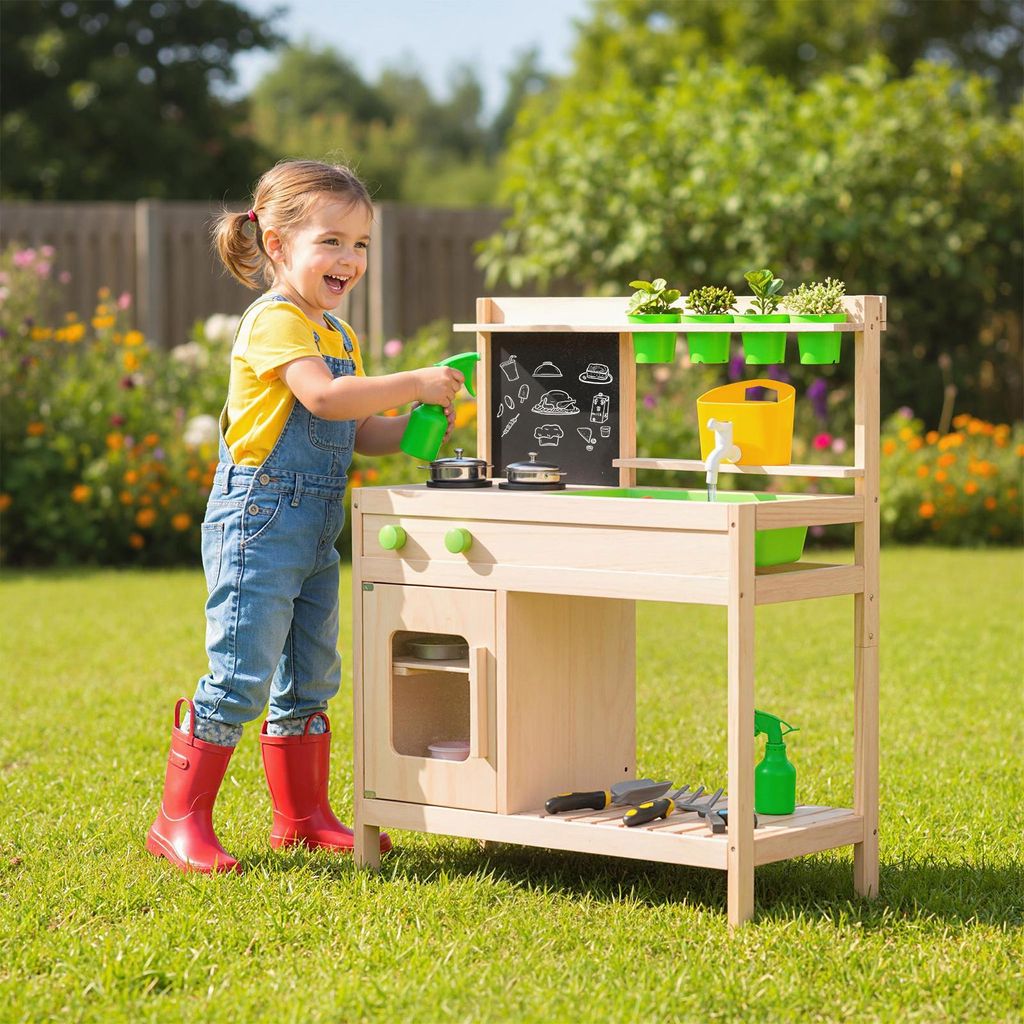 COSTWAY Matschküche Kinder, Outdoor Spielküche mit Zubehör, Kreidetafel, Herd, Wasserhahn, Spüle&Blumentöpfen, Outdoorküche Massivholz, für ...