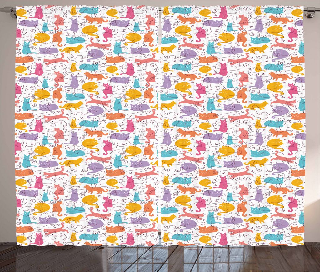 ABAKUHAUS Katze Rustikaler Vorhang, Schlafen, Freude spielend, Wohnzimmer Universalband Gardinen mit Schlaufen und Haken, 280 x 225 cm, Mehrfarbig