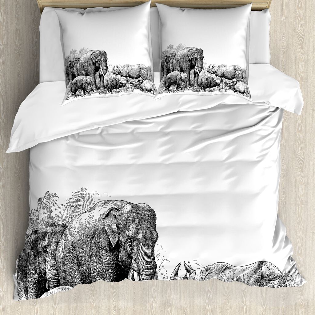 ABAKUHAUS Elefant Bettbezug, Elefanten, Milbensicher Allergiker geeignet mit Kissenbezügen, 200 cm x 200 cm - 80 x 80 cm, Weiß und Schwarz