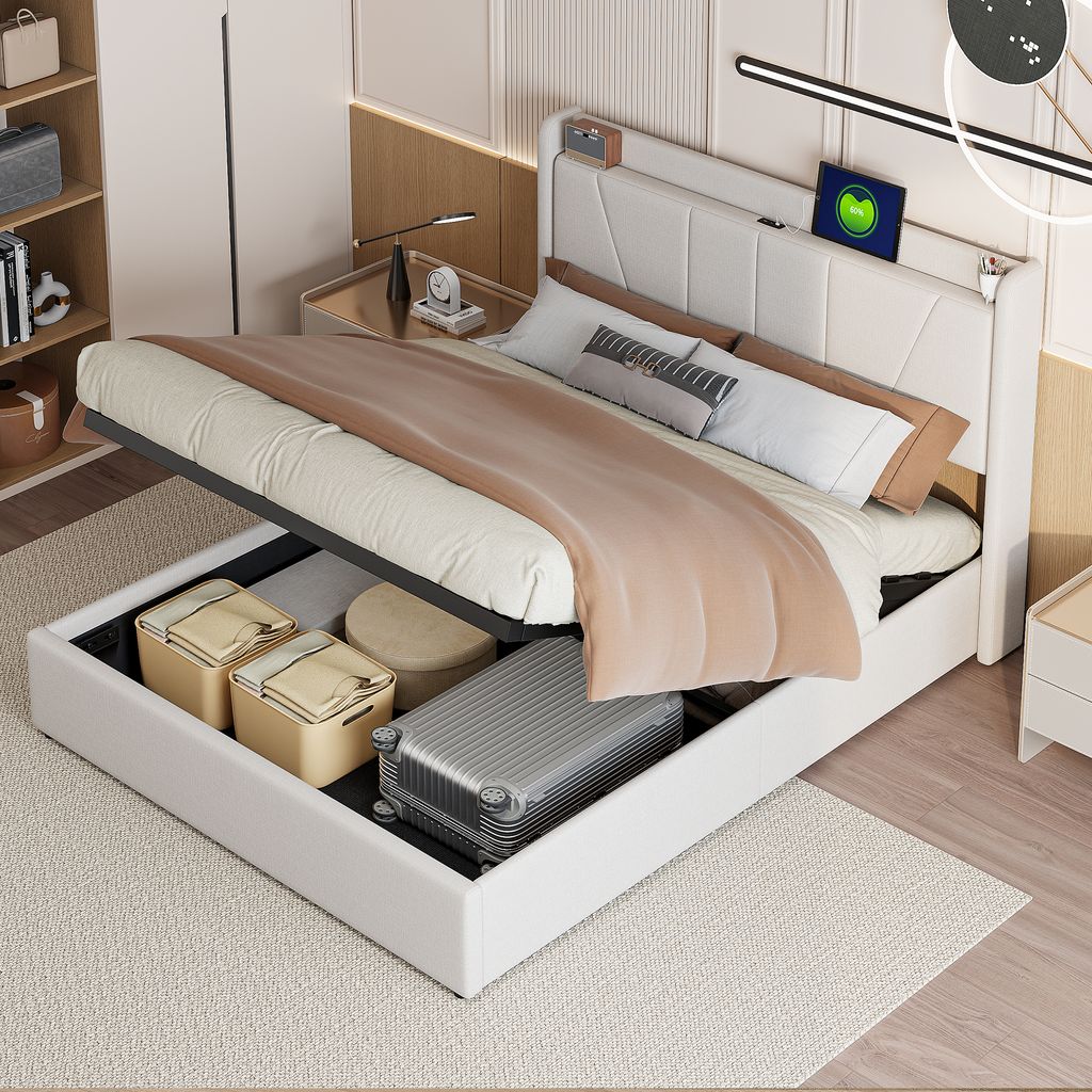 140 x 200 cm großes Bett mit Stauraum aus Leinenstoff, USB-Anschluss, Kopfteil und Lattenrost – Beige