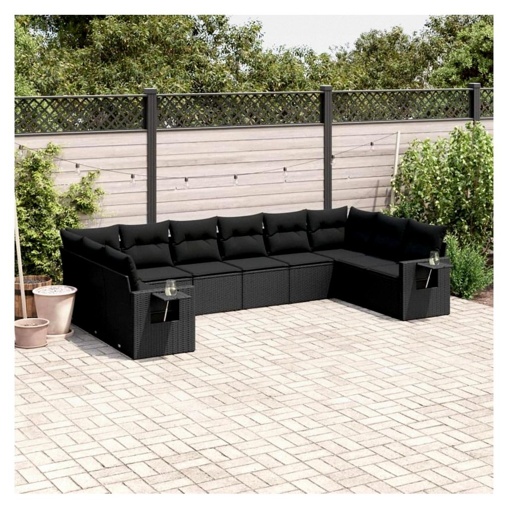 Gartenmöbel-Set mit 10 Kissen aus Polyrattan in Schwarz