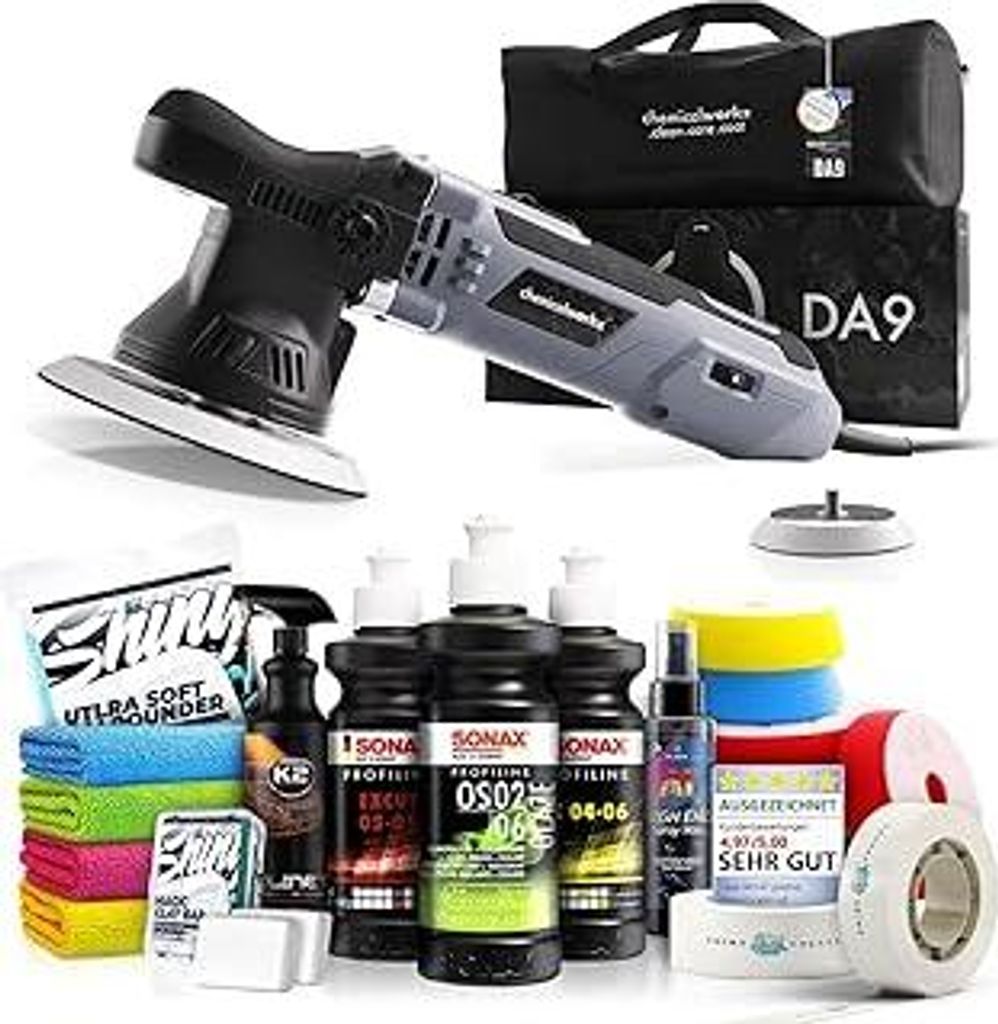 Poliermaschinen Set: chemicalworkz DA9 Exzenter Poliermaschine + Sonax Politur Set + Royal Pads Premium Polierpads + Dr. Wack Versiegelung für Lac...