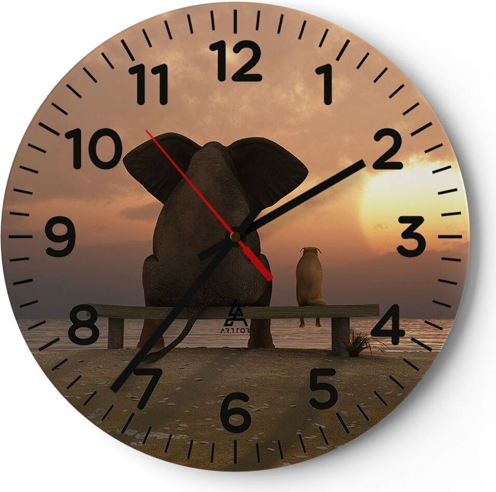 Wanduhr - Rund - Glasuhr - Elefant Ufer Meer - 40x40cm - Schleichendes Uhrwerk - Lautlos - zum Aufhängen bereit - Dekoration Modern - Wanddekorati...