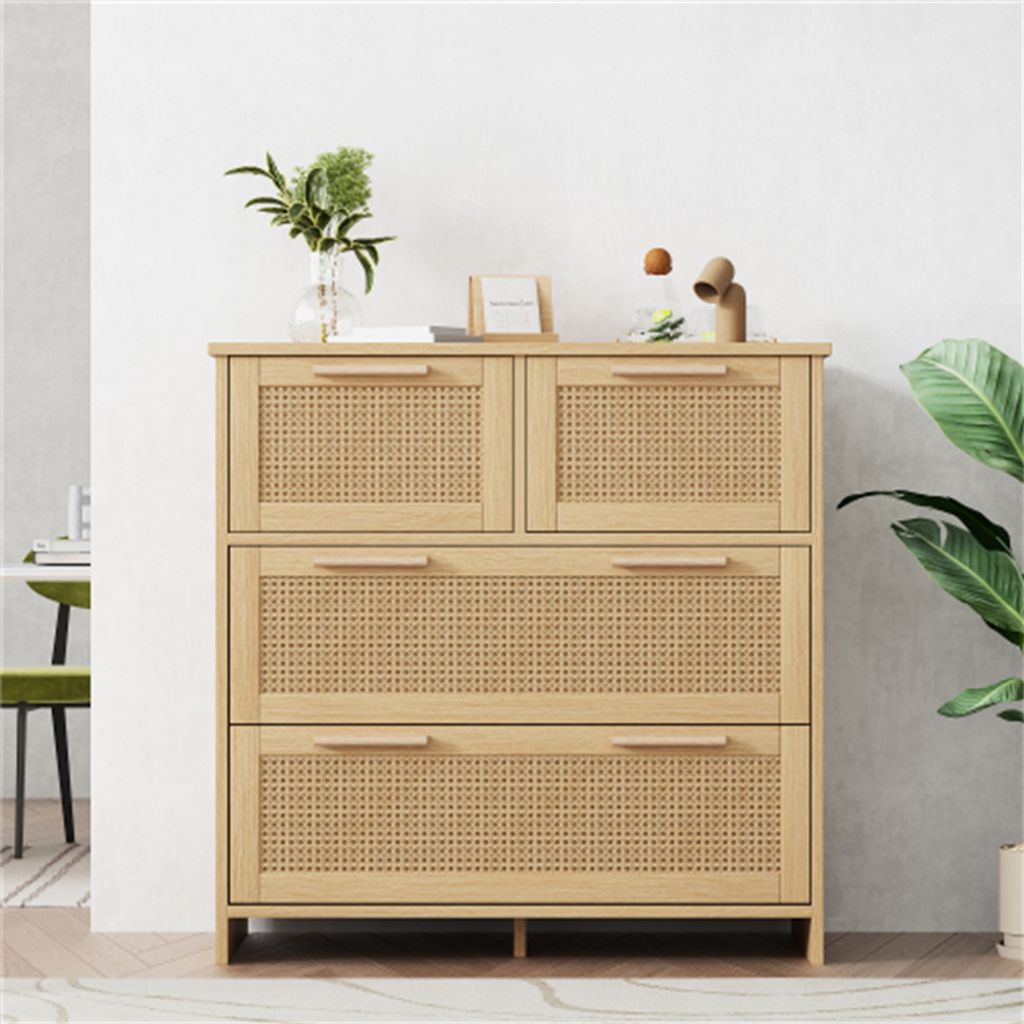 AIORBER Kommode, Rattan, Massivholzgriffe, Spanplattenmaterial, Kippsicherung, großer Stauraum, geeignet für Flur, Wohnzimmer, 80x80x38cm, Natur