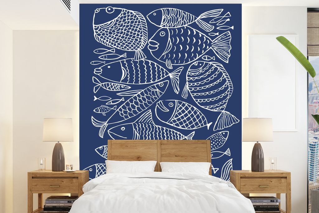 MuchoWow Fototapete für Wohnzimmer oder Schlafzimmer Wandtapete Vinyl Motivtapete Illustration eines Fisches auf einem dunkelblauen Hintergrund ...