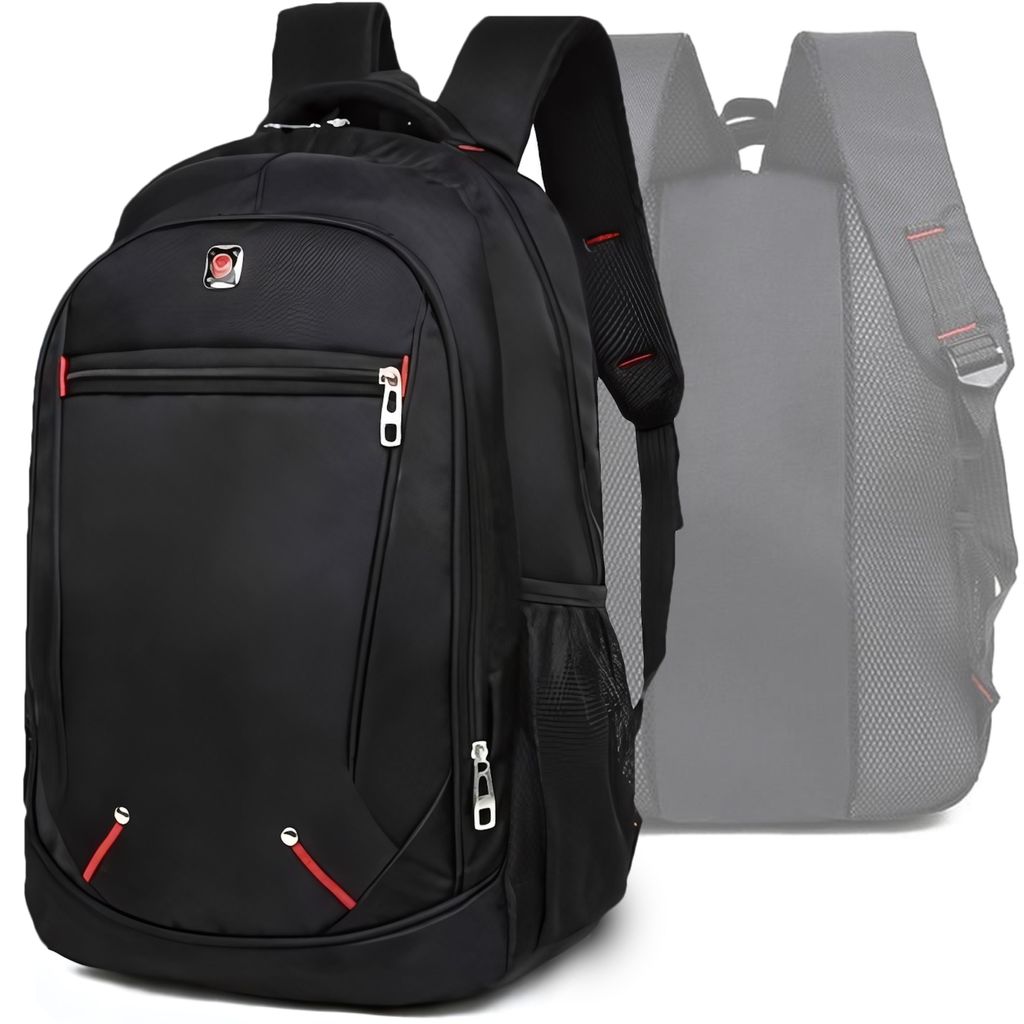 A black rucksack is shown from the front, with a faded grey rucksack behind it.