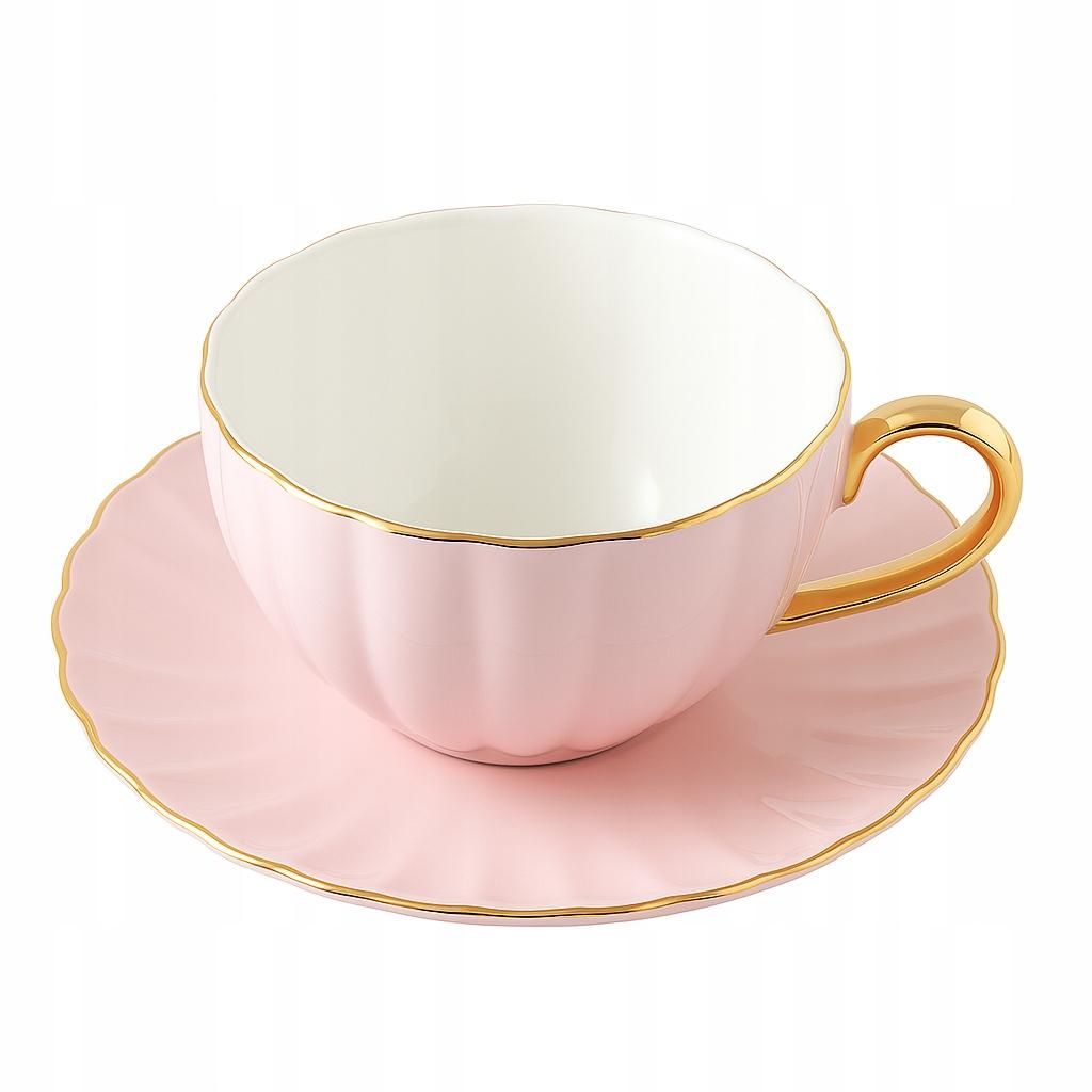 Porzellan Tasse mit Untertasse 220 ml Rosa Gold – Elegante Kaffeetasse mit Goldrand, Klassisches Teeset Geriffelt