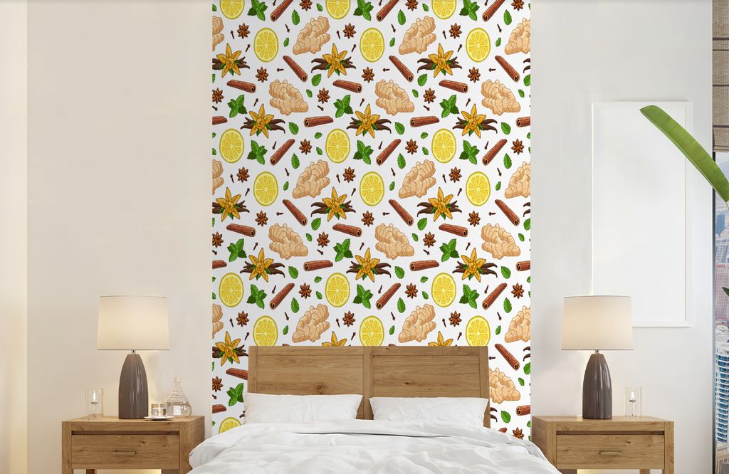 MuchoWow Fototapete für Wohnzimmer oder Schlafzimmer Wandtapete Vinyl Motivtapete Ingwer - Zimt - Zitrone - Anis - 150x240 cm - Tapeten