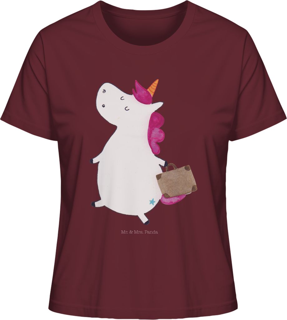 Mr. & Mrs. Panda Baumwoll T-Shirt Damen Einhorn Koffer Größe L - Burgundy - Geschenk, Basic, Unicorn, Einhörner, Lustig, Reise, Oberteil, Verrei...