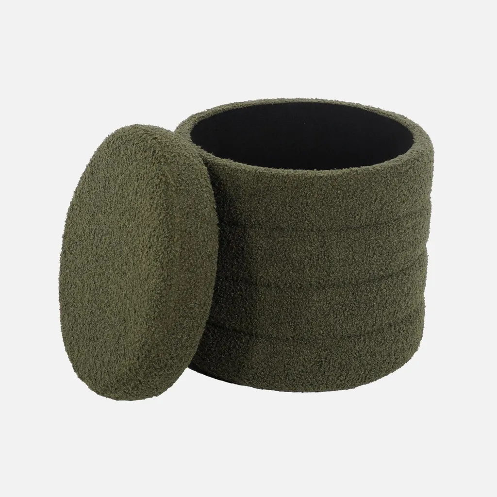 Sgabello Contenitore Bouclé Verde Kaki - Design Moderno e Salvaspazio - 2