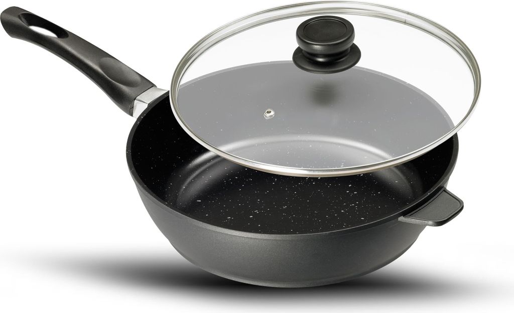 A black frying pan with a glass lid is shown against a white background.