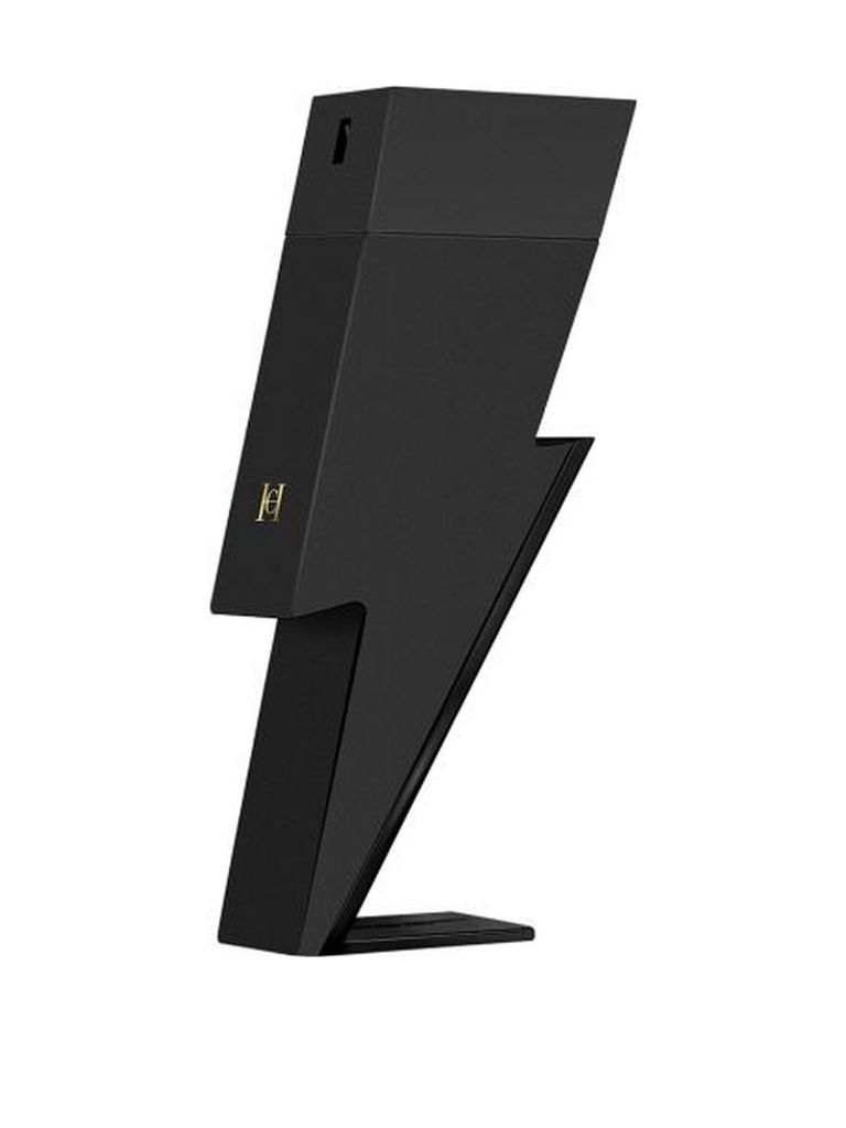 A black lightning bolt-shaped perfume bottle against a white background.