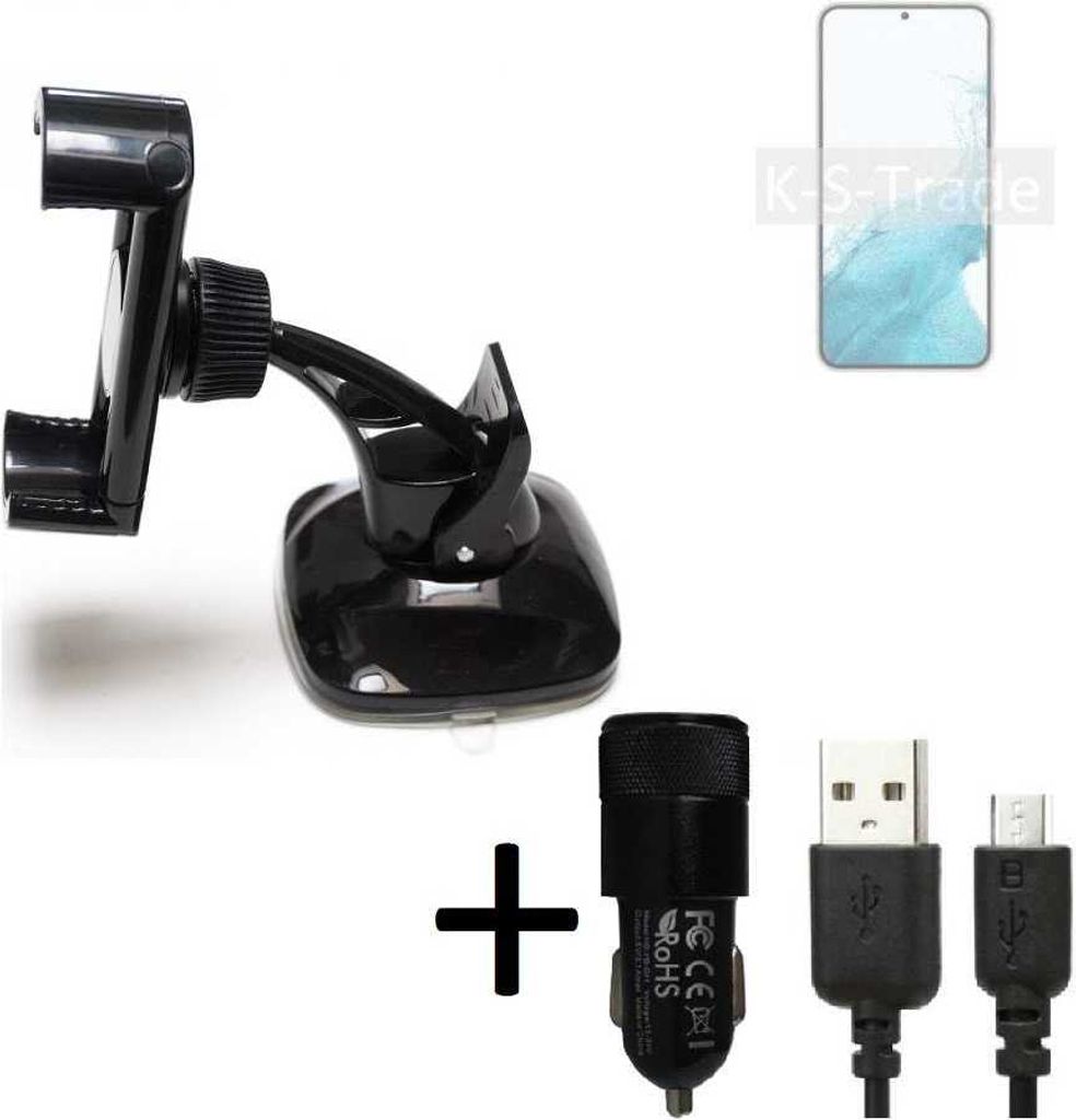 K-S-Trade Halterung kompatibel mit Samsung Galaxy S22+ Exynos Windschutzscheibe / Armaturenbrett + LADEGERÄT mit Mico USB Kabel Autohalterung KFZ