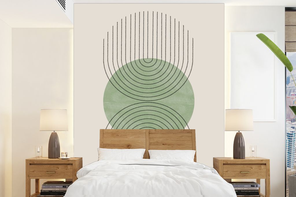 MuchoWow Fototapete für Wohnzimmer oder Schlafzimmer Wandtapete Vinyl Motivtapete Kreis - Linien - Abstrakt - Grün - 205x280 cm - Wandbild