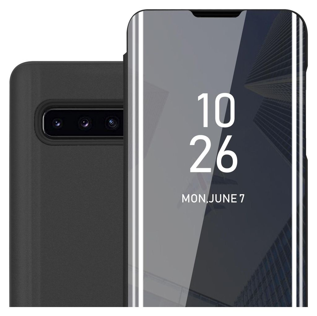 A close-up view of a smartphone with a black case and a reflective screen displaying the time and date.