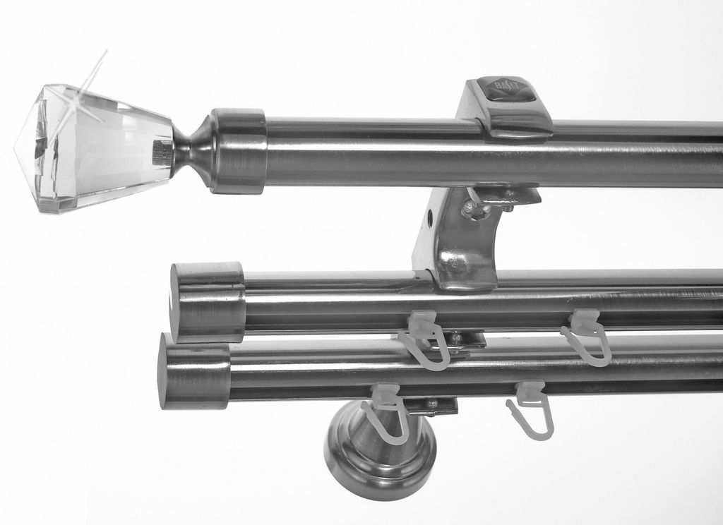 Rohr + 2 x Innenlauf Edelstahl Look Gardinenstange 20mm Wandträger 3-läufig mit Knauf Kristall H60 E36E30 RI+ 1x B20I