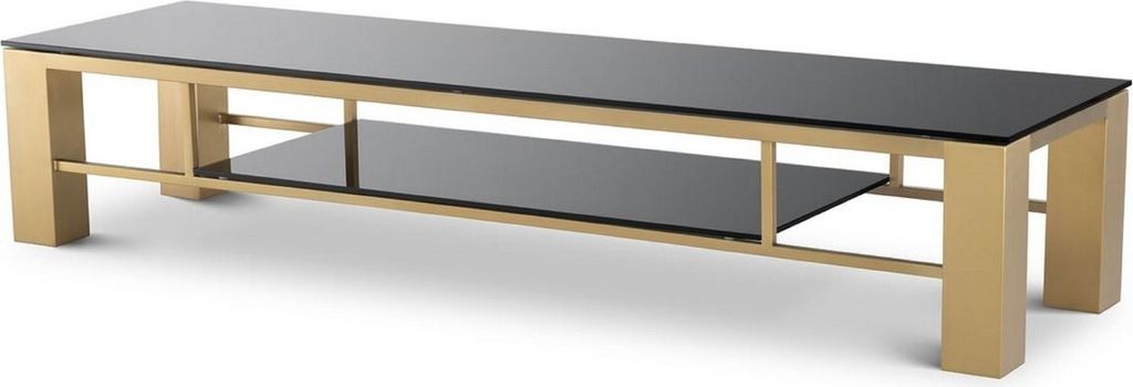 Casa Padrino Luxus TV Schrank Messingfarben / Schwarz 195 x 55 x H. 38 cm - Edelstahl Sideboard mit Glasplatten - Luxus Wohnzimmer Möbel