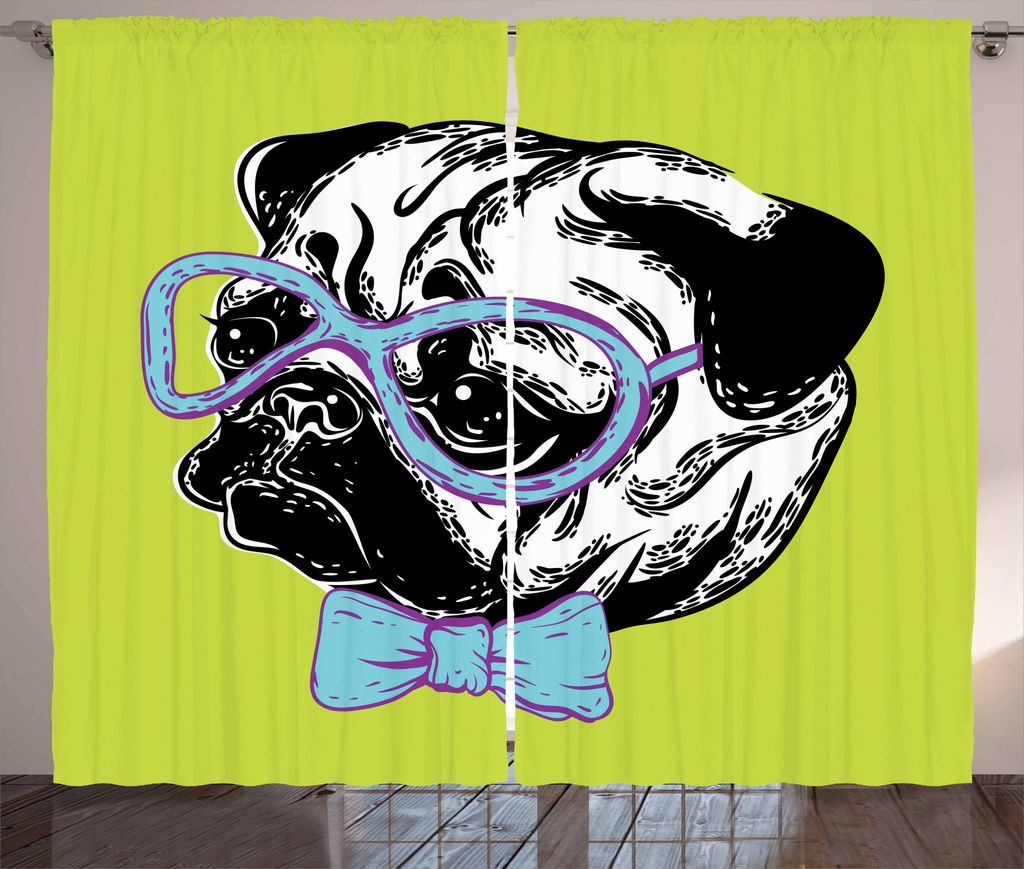 ABAKUHAUS Mops Rustikaler Vorhang, Mops mit einer Fliege, Wohnzimmer Universalband Gardinen mit Schlaufen und Haken, 280 x 175 cm, Apfelgrün Blass...