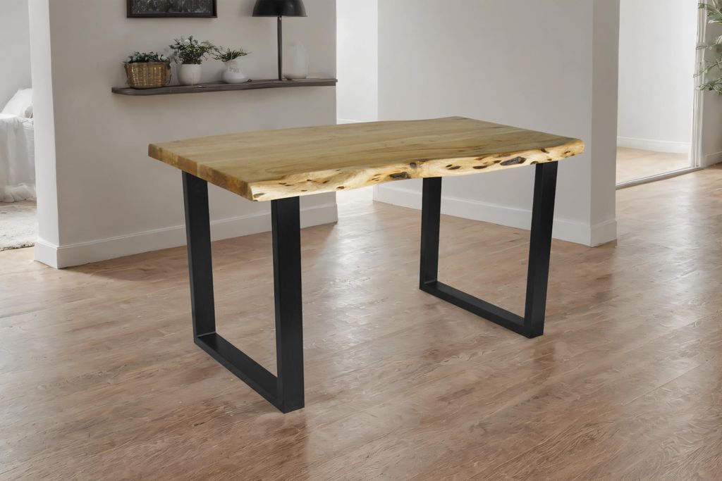 Esstisch Cali | 140 x 80 cm | Akazienholz massiv | Farbe: Eiche | U-Gestell Metall Schwarz | Massivholz mit Baumkante | pflegeleichter Baumkantenti...