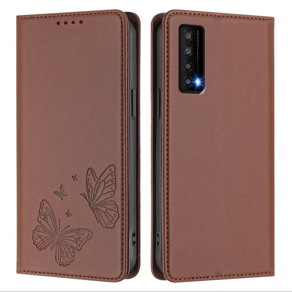 Lederhülle für TCL Stylus 5G, Schmetterling Prägung Leder Brieftasche Schutzhülle mit Ständer Braun