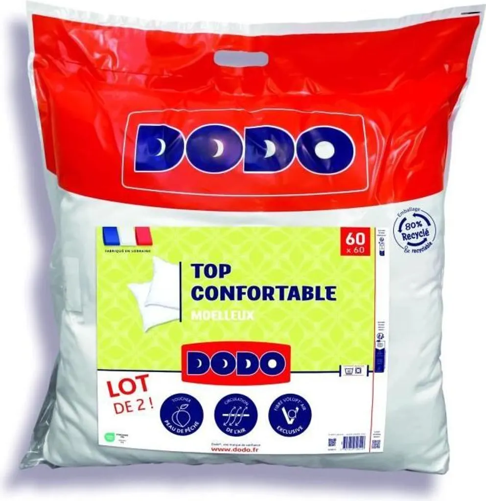 Lot 2 Oreillers DODO 60x60 cm Volupt'Air - Fibre Respirante et Gonflante