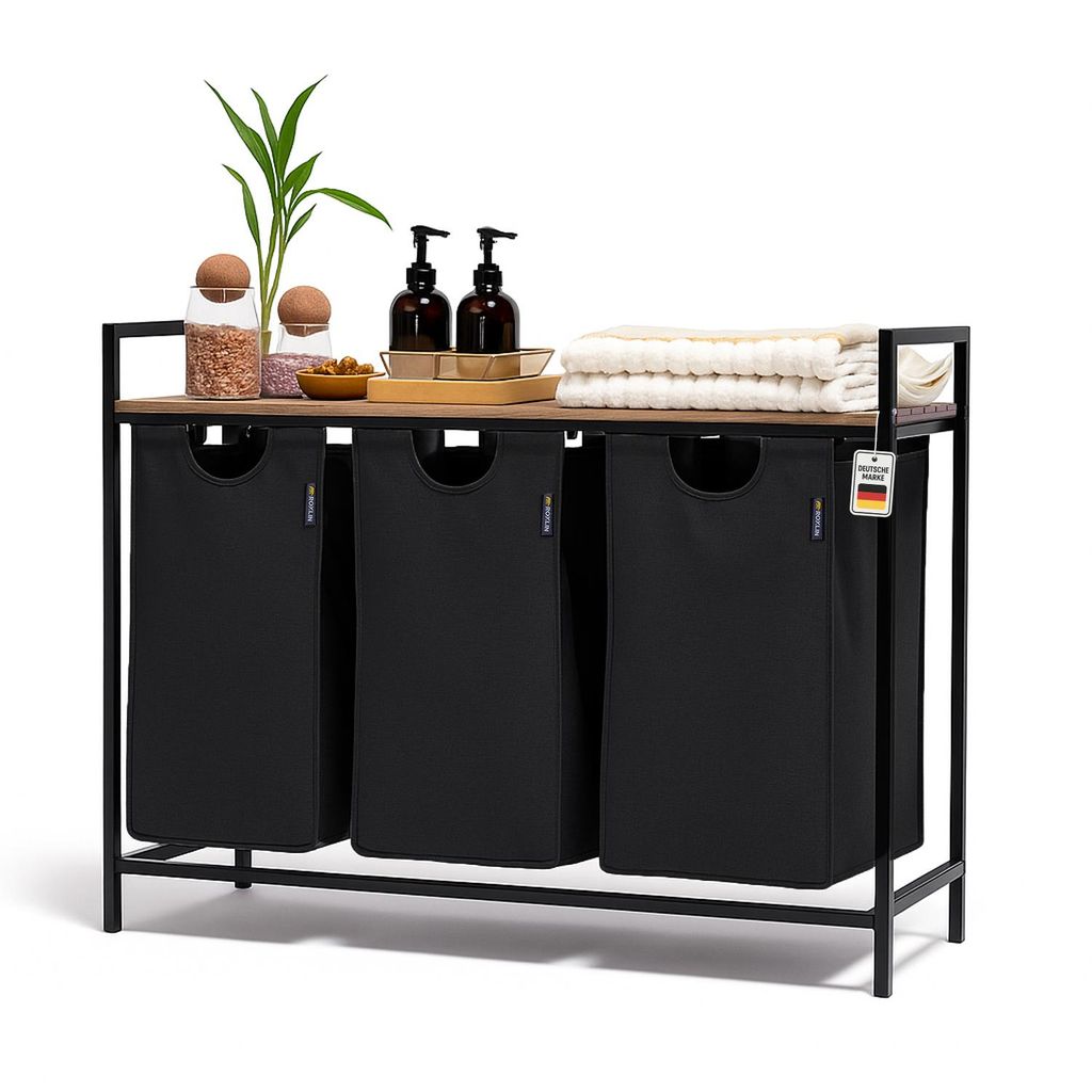 Roxlin Wäschekorb mit 3 Fächern – Wäschesammler mit Deckel & Ablage – Wäsche Sortierer aus Metall – Schmutzwäsche Organizer für Bad, Sc...