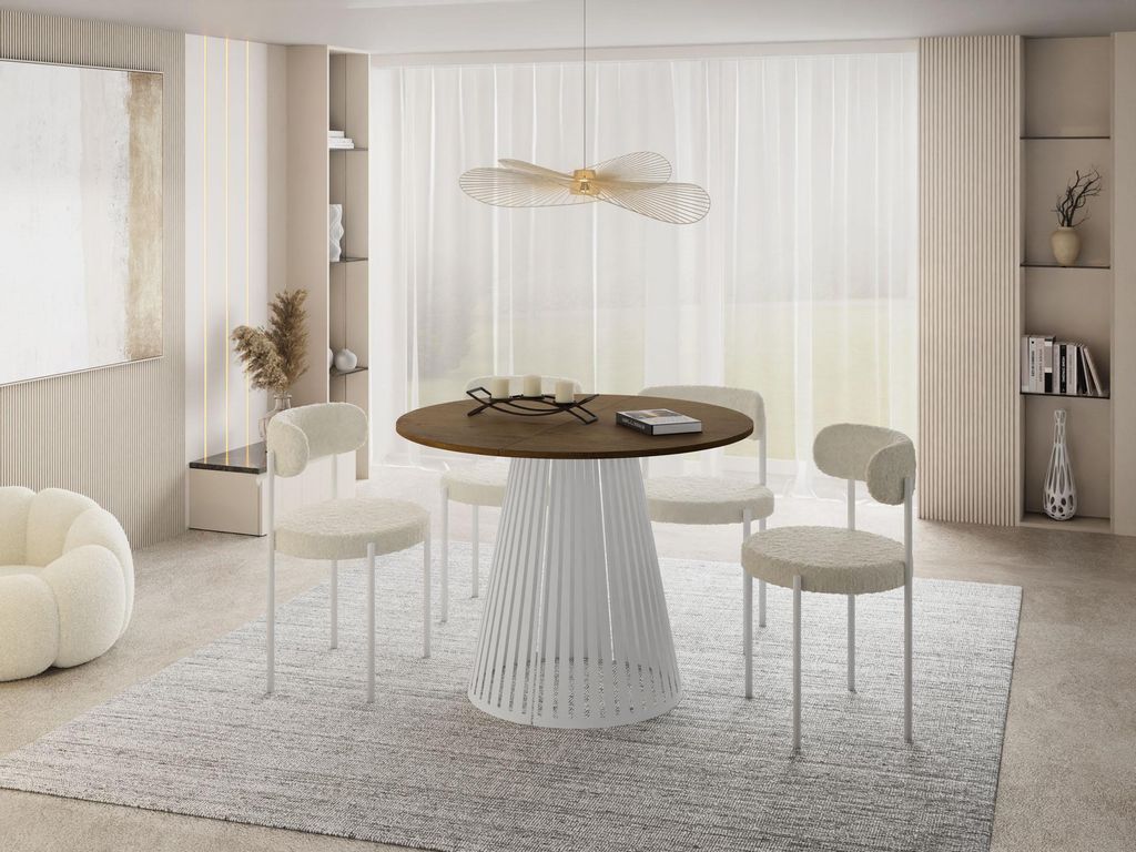 Esstisch Rund Ausziehbar mit Lamellen im Loft-Stil – 100 bis 180 cm – Industrieller Tisch mit Weißen Metallbeinen, Platzsparend für Wohnzimme...