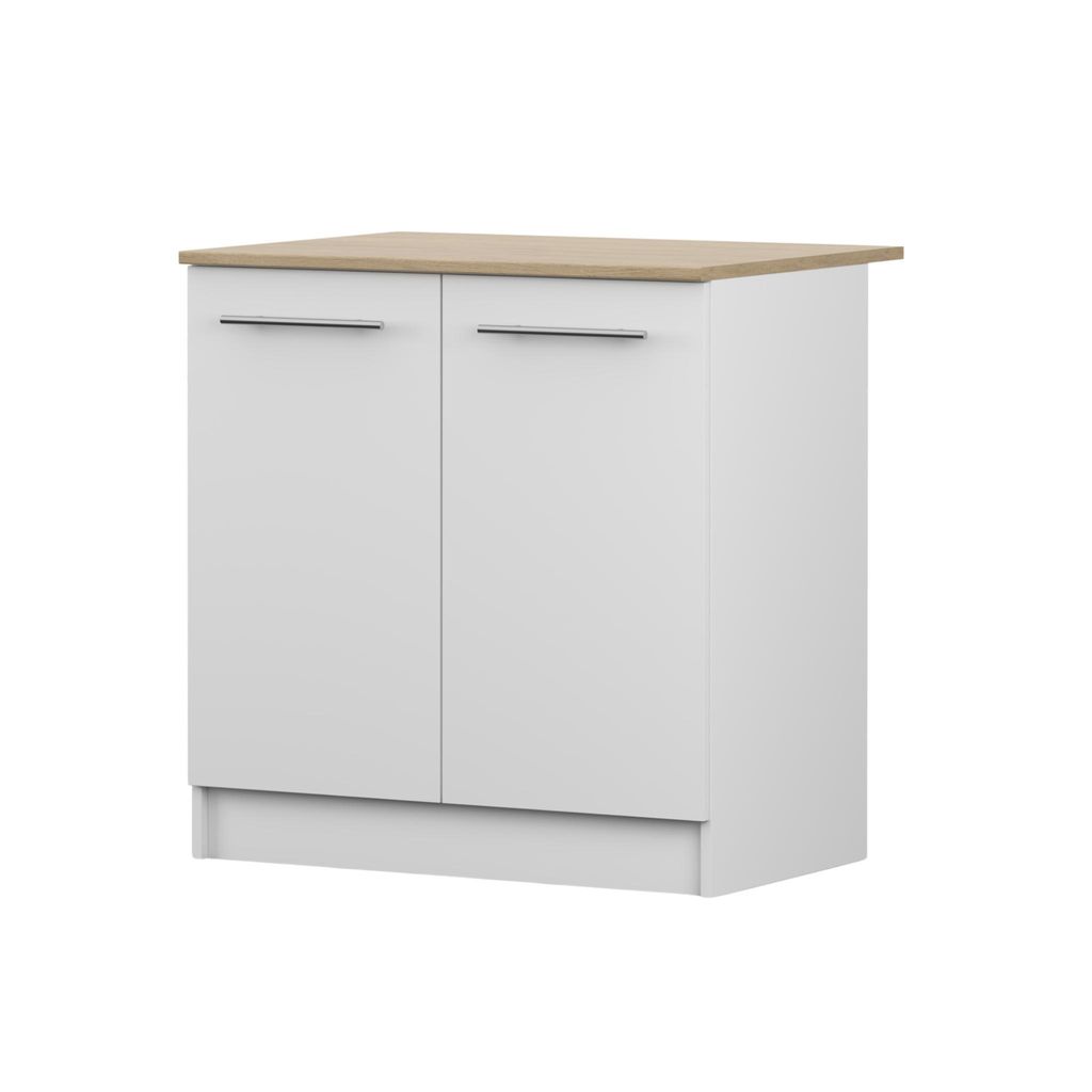 Unterschrank INEZ IV, Küche, Küchenschrank zweitürig 80 cm Weiß/Steineiche mit zwei Drehtüren, silberne Metallgriffe