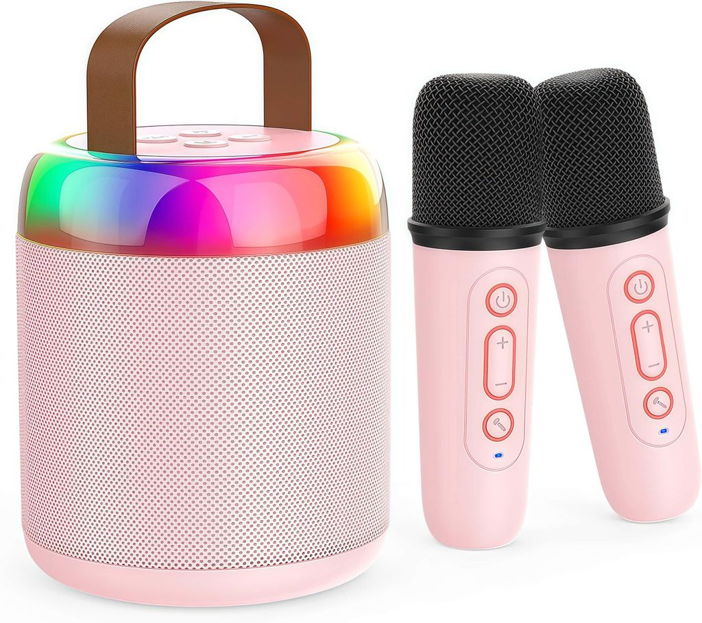 Karaoke-Maschine für Kinder, tragbarer Bluetooth-Lautsprecher mit 2 kabellosen Mikrofonen und LED-Lichtern, Karaoke-Geschenke für Mädchen und Ju...