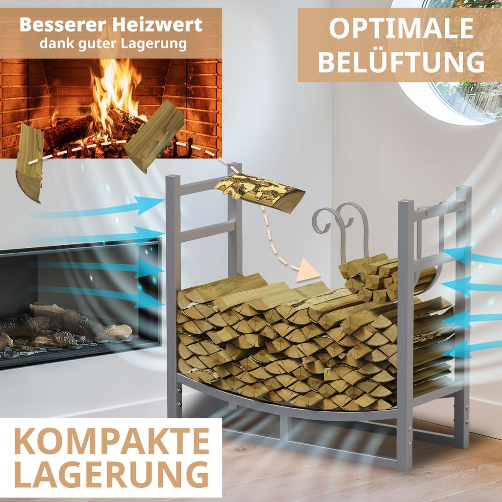 Brennholzregal innen Metall 84x33x76 Silber Kaminholz
