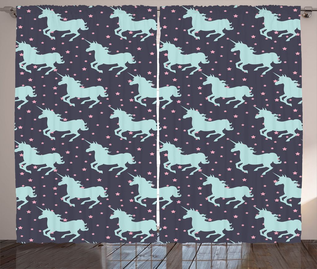 ABAKUHAUS Kids Rustikaler Vorhang, Niedliche Einhorn Spot Stars, Wohnzimmer Universalband Gardinen mit Schlaufen und Haken, 280 x 225 cm, Dunkelbla...