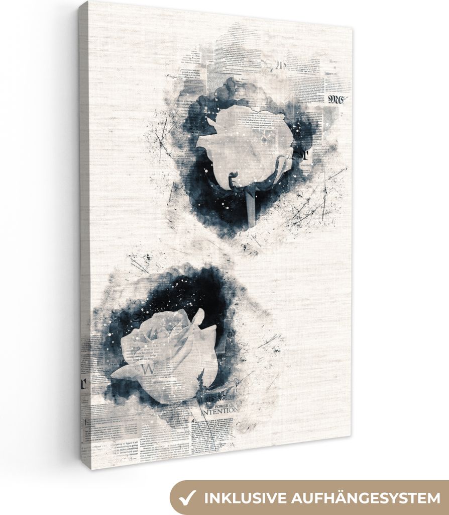 OneMillionCanvasses - Leinwandbilder - 90x140 cm, Blumen - Weiß - Zeitungspapier, Wandbilder Kunstdruck Wanddekoration - Wandschmucke - Schlafzi...