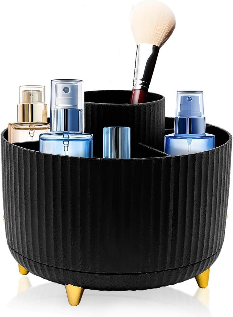 Schwarzer Organizer mit 360°-Drehung, 5 Fächer, zur Aufbewahrung von Schminkpinseln für Schminktisch oder Badezimmer.