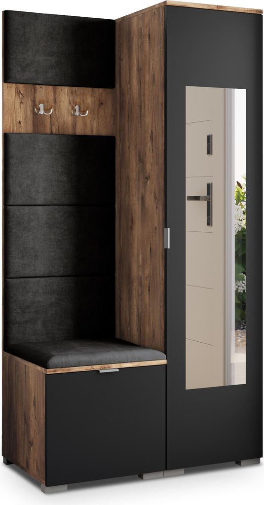 Masseno Garderobe-Set VIRA 95/181/51 cm Modern Garderobenschrank Eiche Lefkas, Veloursstoff MONOLITH 95 (Schwarz)
