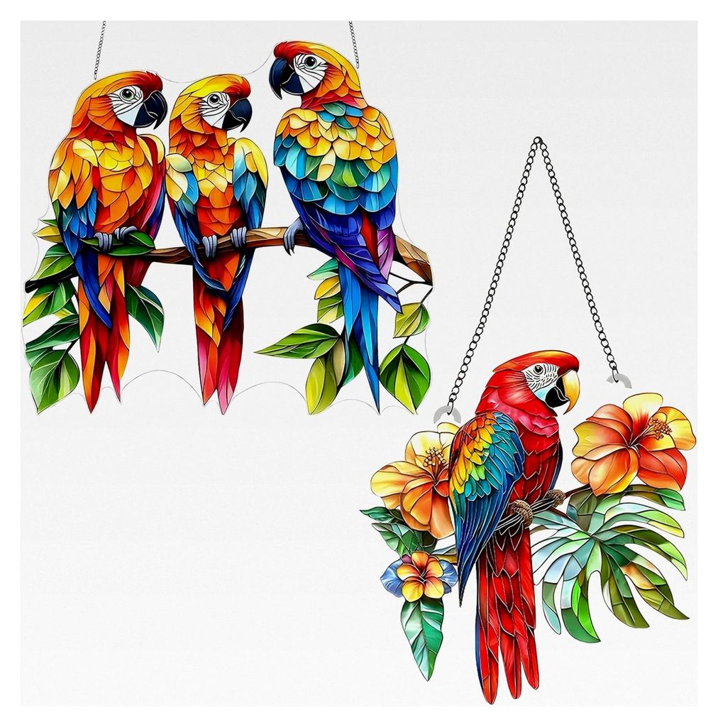 2 Stück Papagei Fensterdeko, Hängender Sonnenfänger, Acryl Vogel Anhänger mit Kette, Buntglas Kolibri Fensterbehang, Suncatcher für Fenster un...