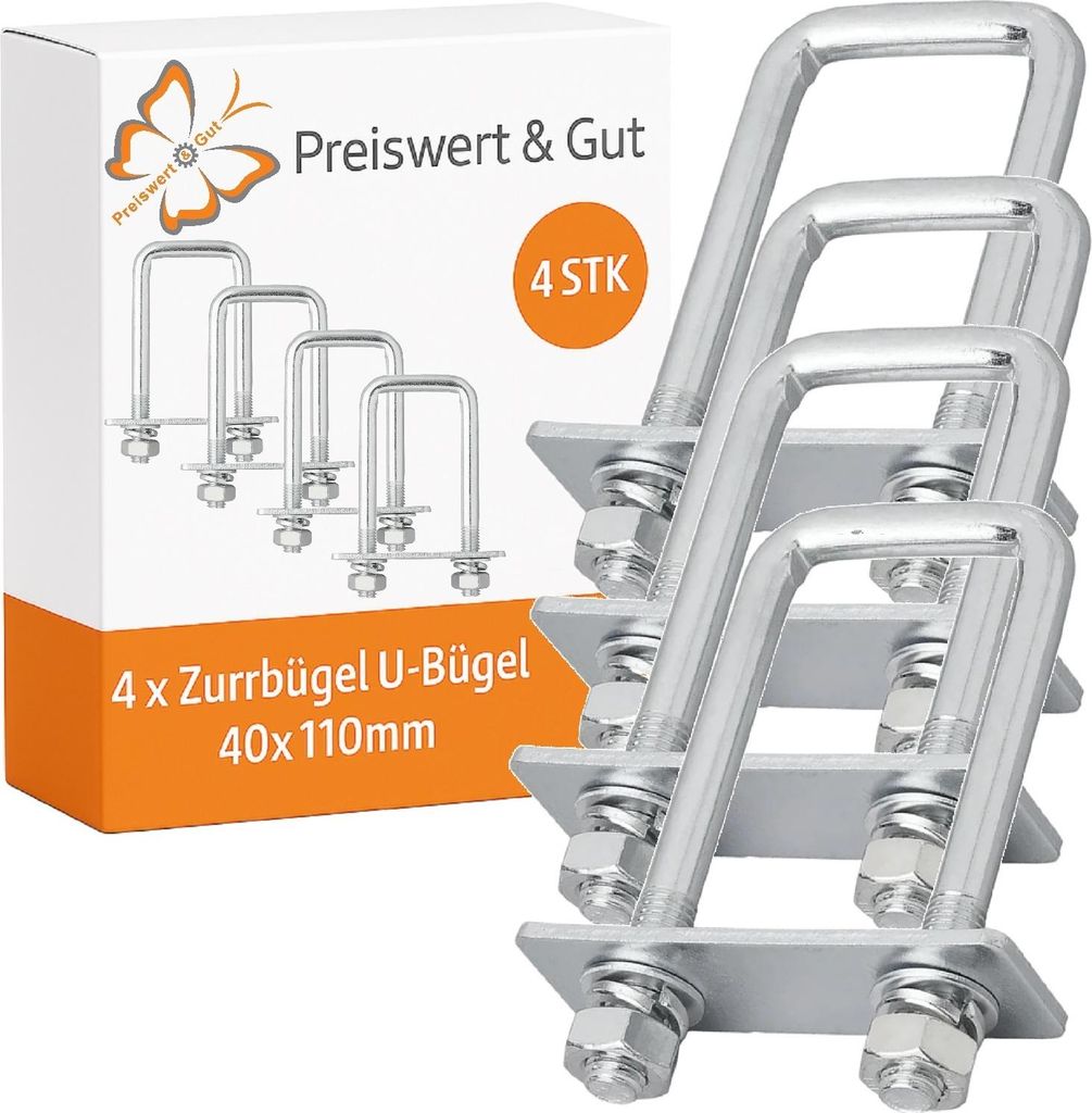 4x Bügelschraube Inkl. Muttern, Gegenplatte M10 Bügel Zurrösen Zurrbügel U-Bügel 40x110mm Anhänger und Zubehör Eckig