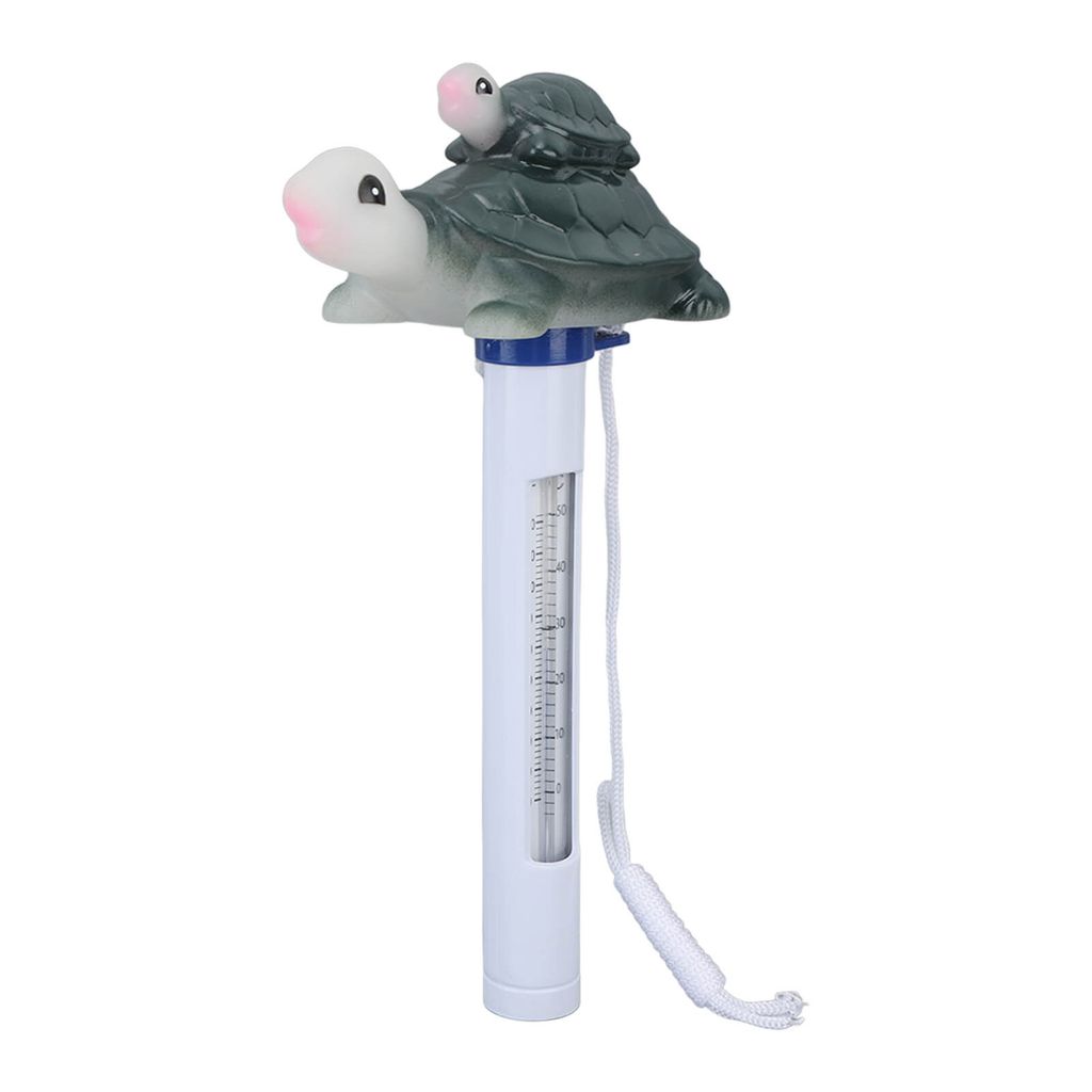 A floating pool thermometer shaped like a cartoon turtle.